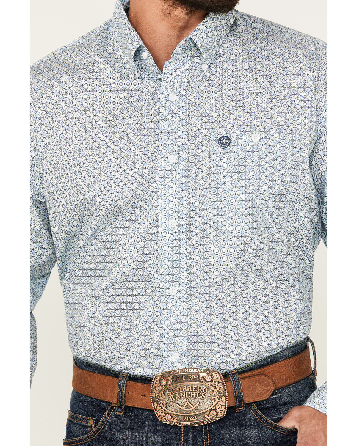 Image #3 - George Strait by Wrangler Men's Geo Print Long Sleeve Button-Down Western Shirt, Blue, hi-res
