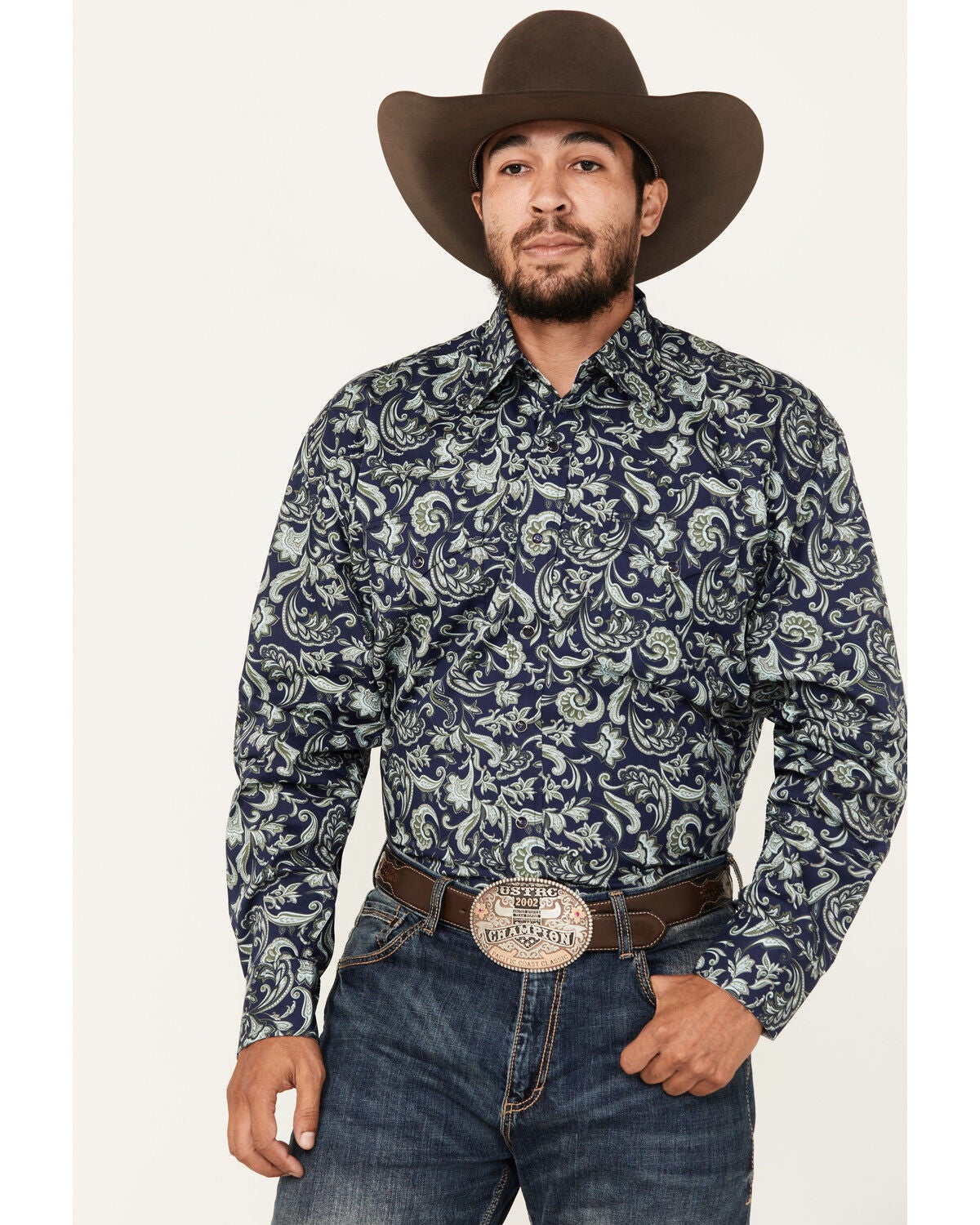 Stetson Men's Paisley Print Long Sleeve Button-Down Western Shirt, Dark Blue, hi-res