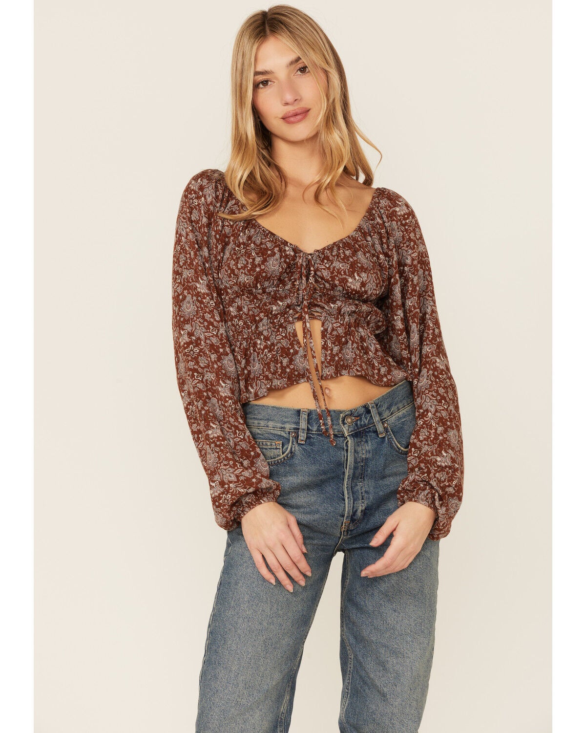 Image #1 - Wild Moss Long Sleeve Tie Front Ranched Floral Top, Tan, hi-res