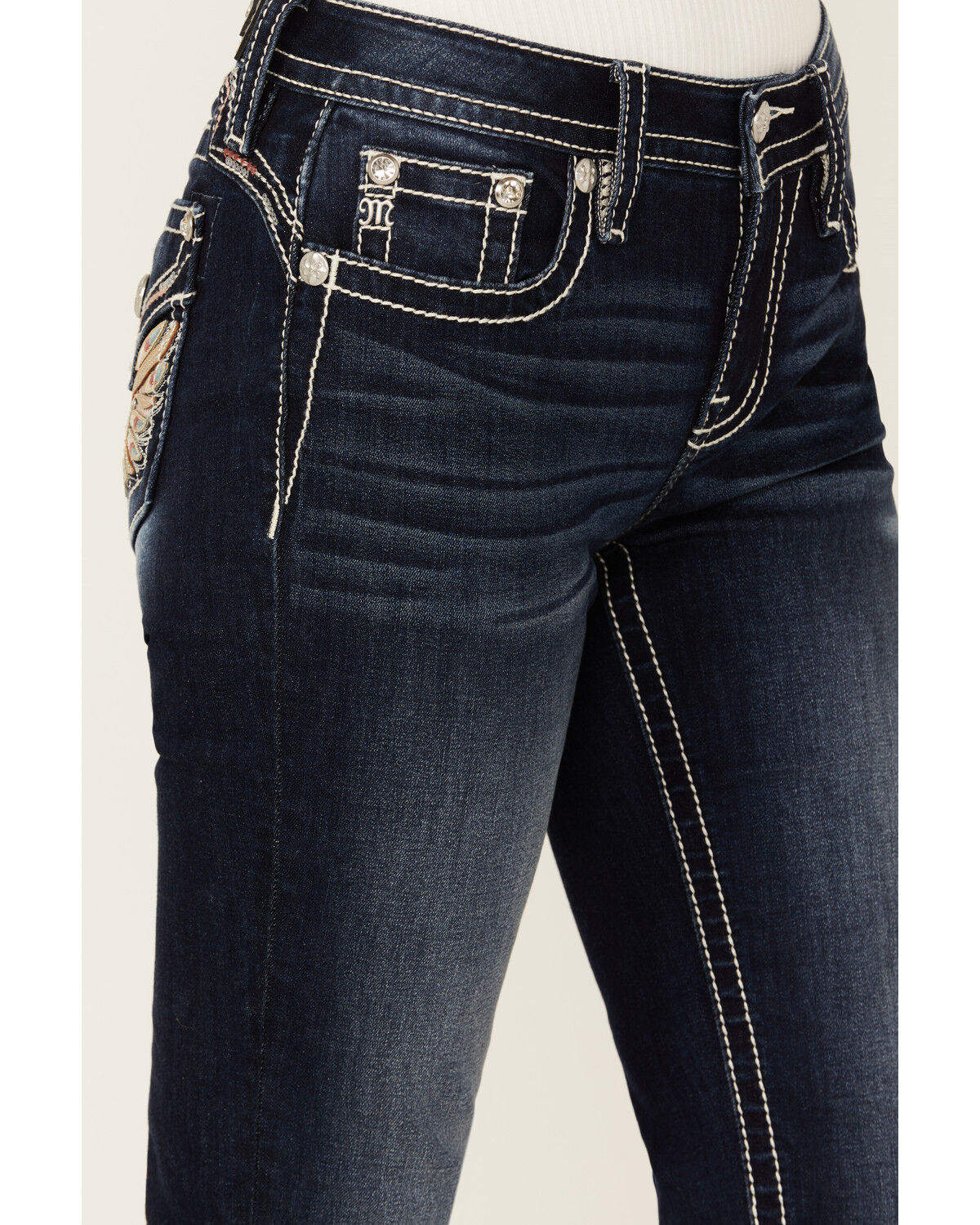 Image #4 - Miss Me Women's Dark Wash Wing Pocket Bootcut Stretch Denim Jeans, Dark Wash, hi-res