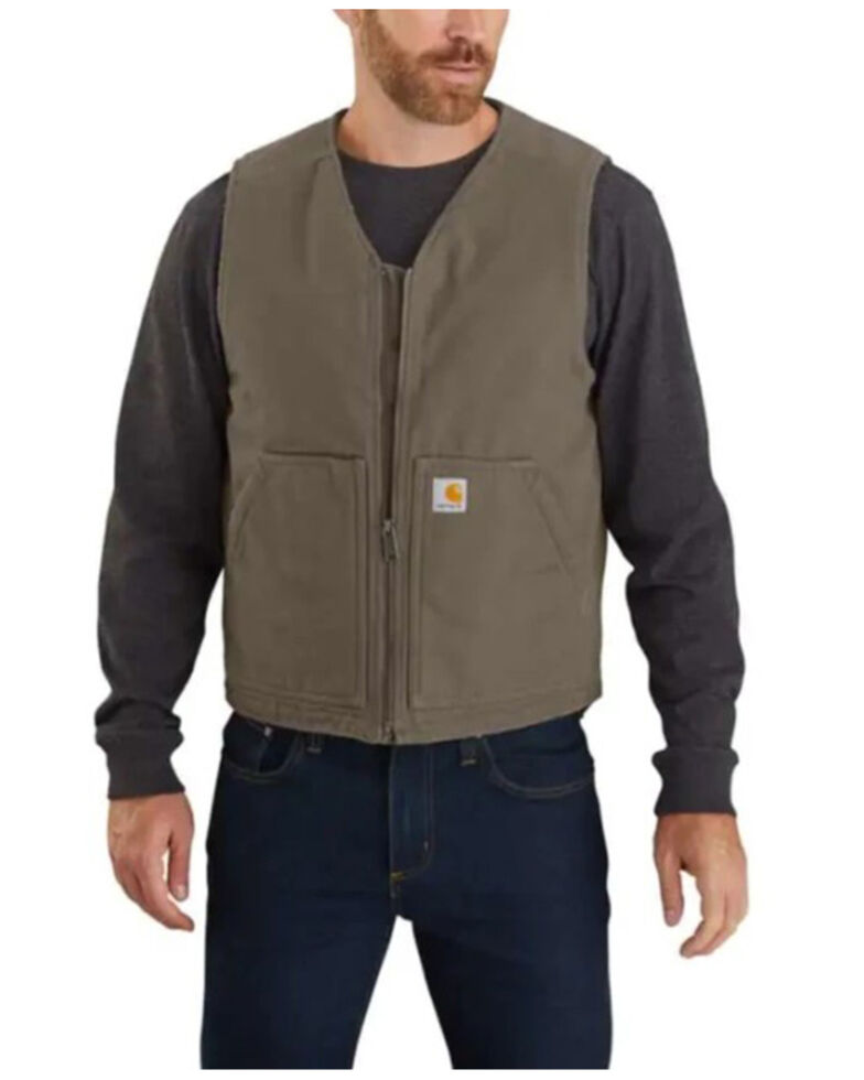 Carhartt Men's Dark Brown Washed Duck Sherpa Lined Vest - Tall , Brown, hi-res