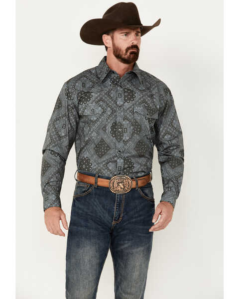 Image #1 - Cowboy Hardware Men's Bandana Print Long Sleeve Snap Western Shirt, Charcoal, hi-res