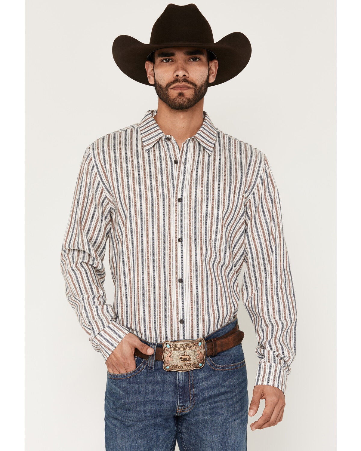 Image #1 - Gibson Trading Co Men's Stonestripe Vertical Striped Print Long Sleeve Button-Down Western Shirt, Natural, hi-res