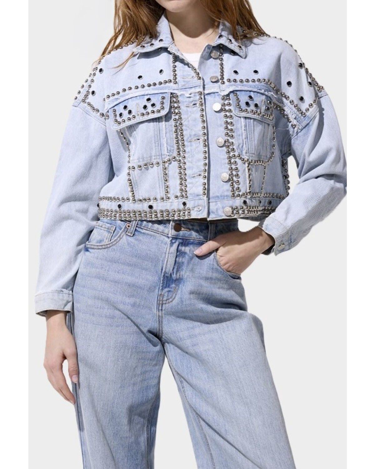 Azalea Wang Women's Jazella Light Wash Denim Studded Jacket, Light Wash, hi-res