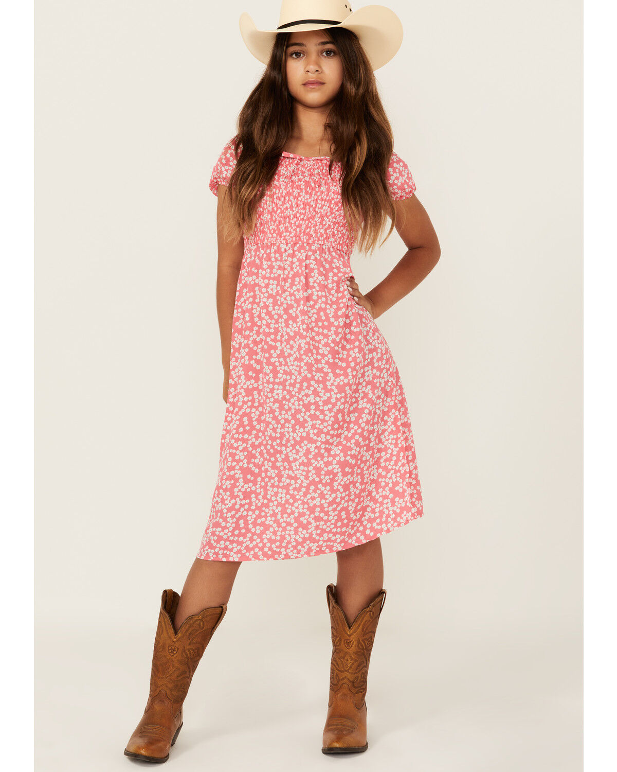 Image #1 - Trixxi Girls' Smocked Puff Sleeve Midi Dress, Pink, hi-res