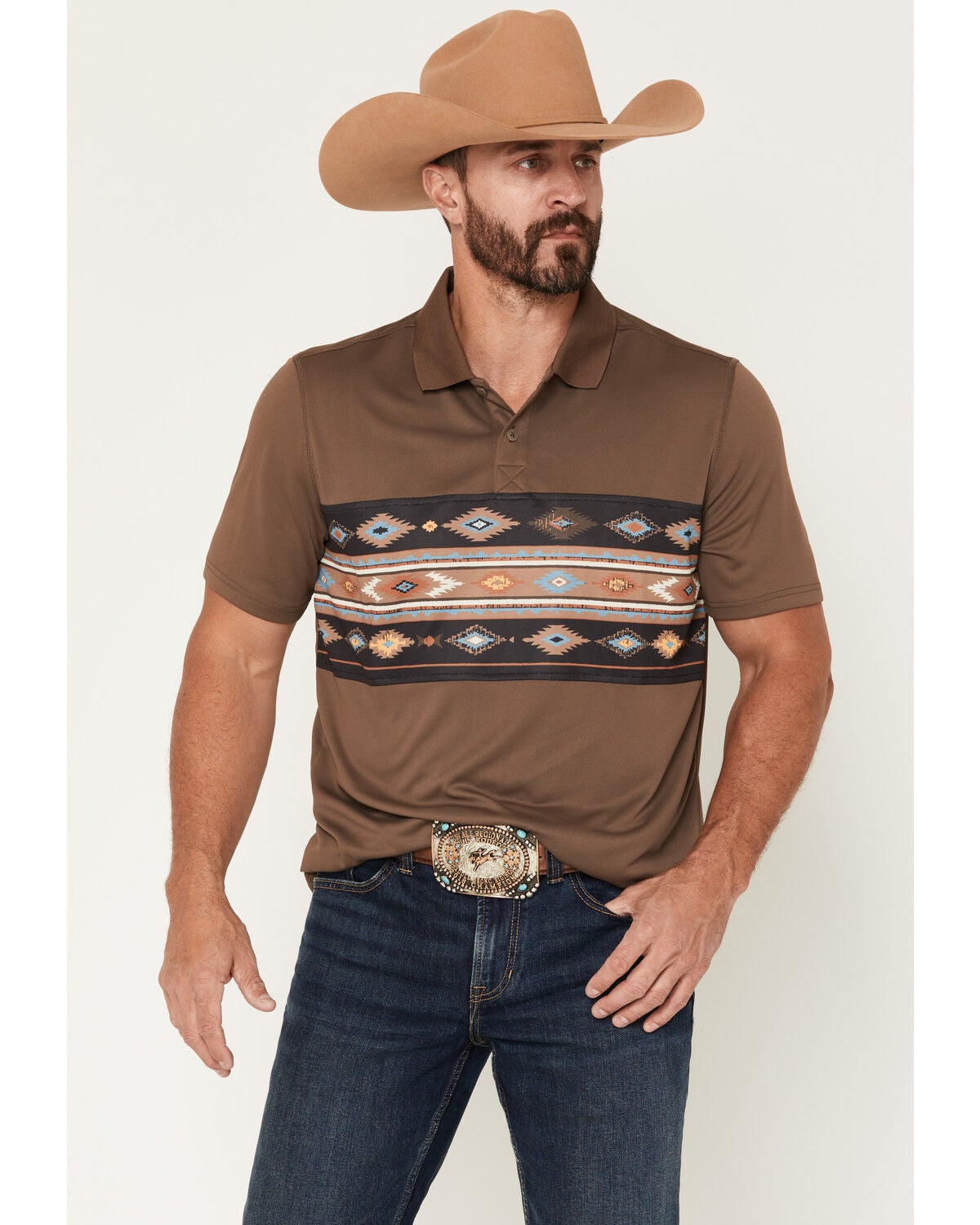 RANK 45&reg; Men's Sierra Noble Border Print Short Sleeve Button-Down Polo, Brown, hi-res