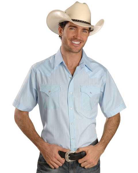 Image #1 - Ely Walker Men's Tonal Dobby Striped Short Sleeve Pearl Snap Western Shirt, Light Blue, hi-res