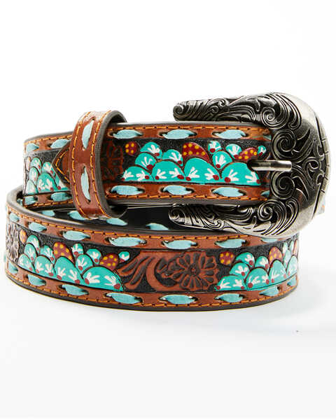 Image #1 - Roper Girls' Floral Hand Tooled Belt, Chocolate/turquoise, hi-res