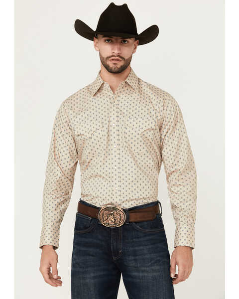 Image #1 - Ely Walker Men's Mini Southwestern Geo Print Long Sleeve Snap Western Shirt , Beige, hi-res
