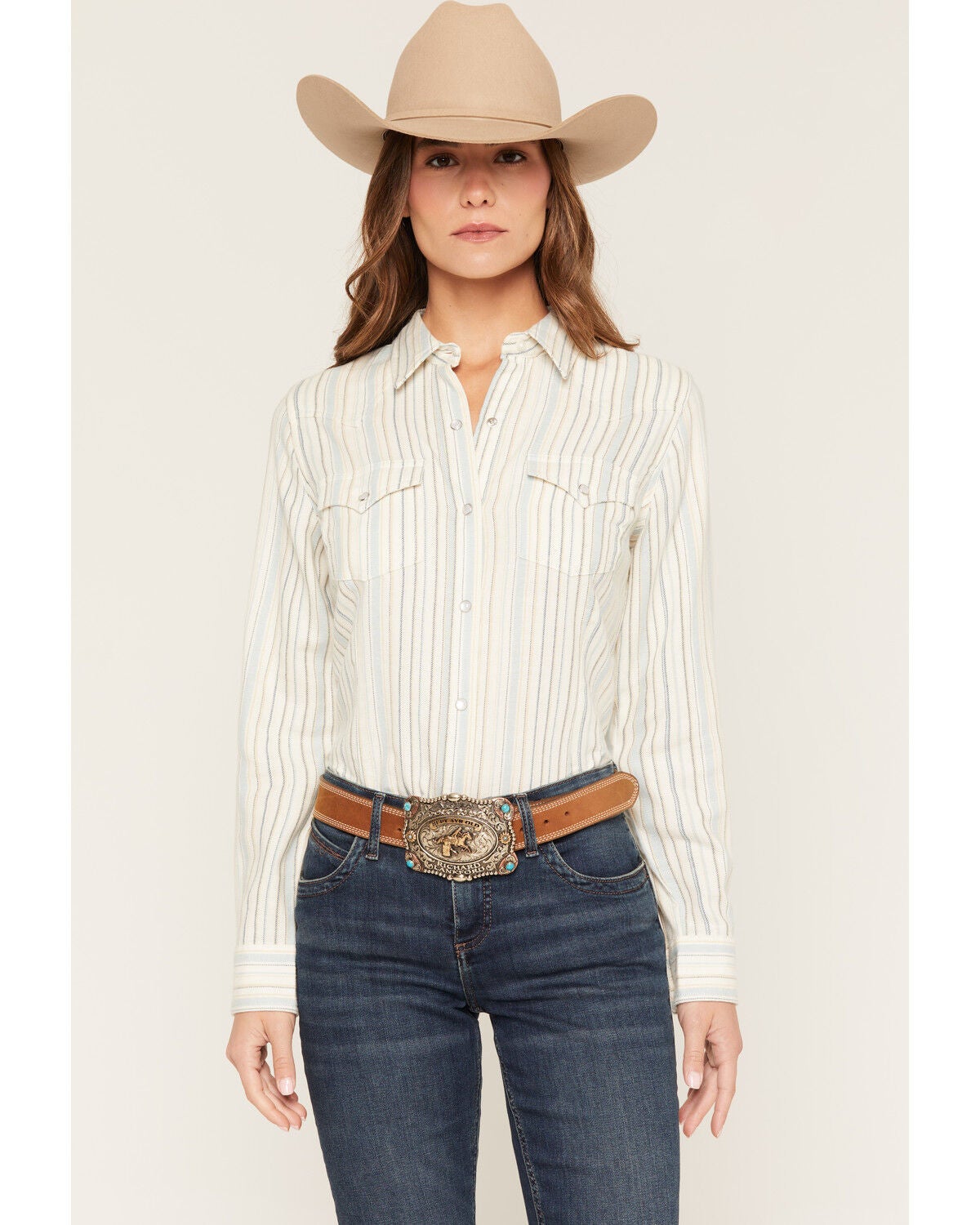 Wrangler Retro Women's Boot Barn Exclusive Striped Long Sleeve Pearl Snap Flannel Shirt, Blue, hi-res