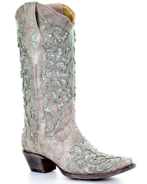 Image #1 - Corral Women's Glitter Inlay & Crystals Boots - Snip Toe, White, hi-res