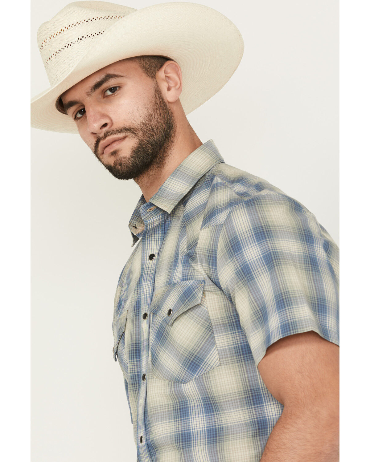 Image #2 - Pendleton Men's Frontier Plaid Print Short Sleeve Snap Stretch Western Shirt, Blue, hi-res