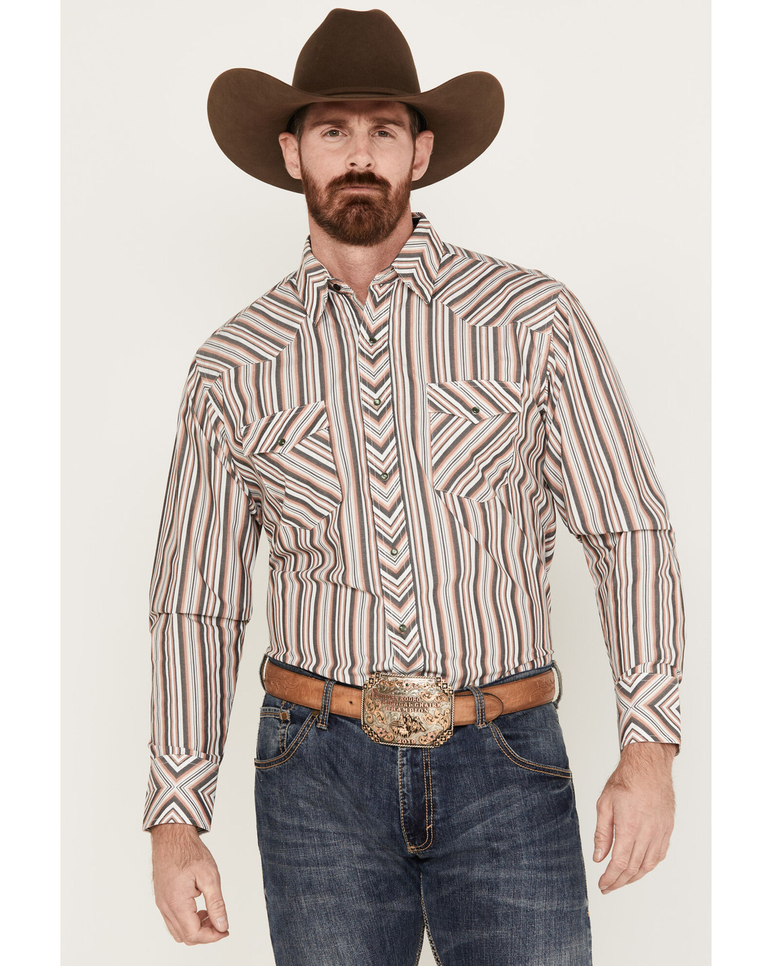 Wrangler Men s Silver Edition Striped Print Long Sleeve Pearl Snap Western Shirt