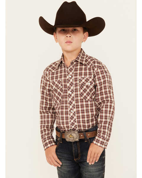 Roper Boys' Plaid Print Cowboy Embroidery Long Sleeve Snap Western Shirt, Burgundy, hi-res