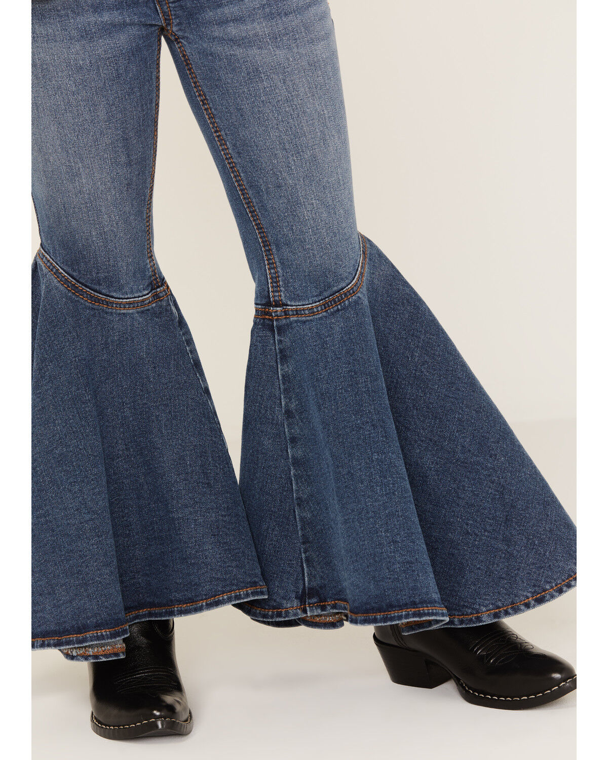 Image #2 - Shyanne Little Girls' Medium Wash Ruffle Trumpet Flare Jeans, Dark Medium Wash, hi-res