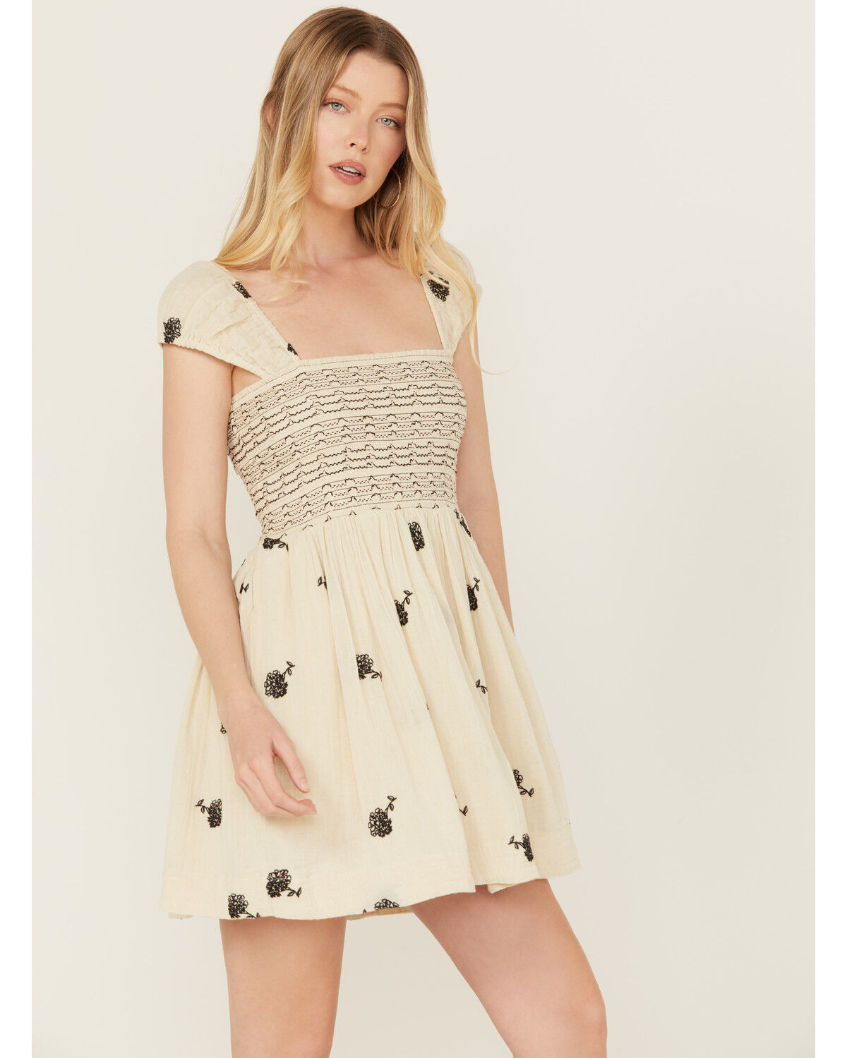 Image #2 - Free People Women's Tory Floral Smocked Mini Dress, Cream, hi-res