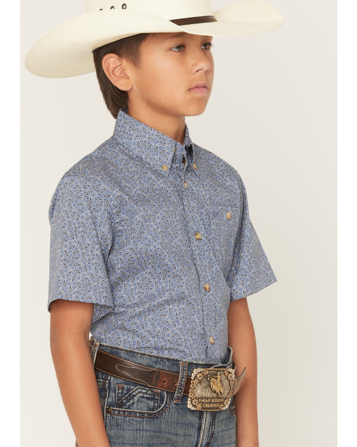 Image #2 - Wrangler Boys' Paisley Print Short Sleeve Button-Down Western Shirt, Blue, hi-res