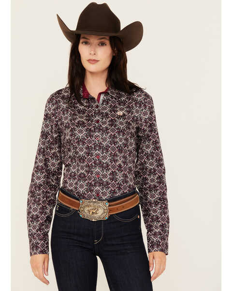Image #1 - Cinch Women's Printed Long Sleeve Button Down Western Shirt, Purple, hi-res