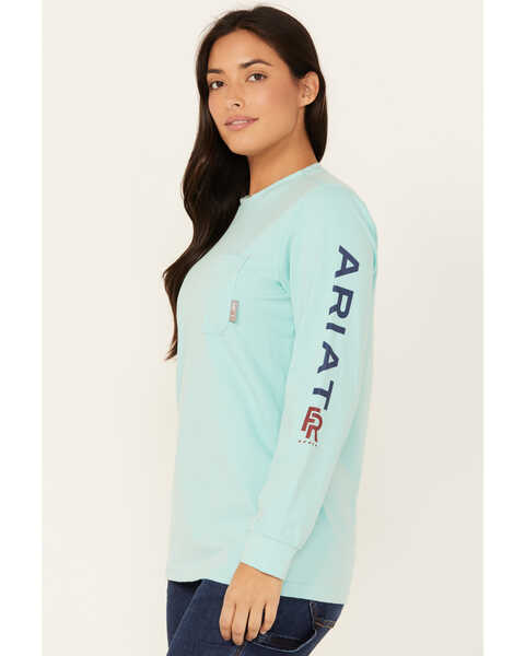Ariat Women's FR Stretch Logo Long Sleeve Work Shirt, Turquoise, hi-res
