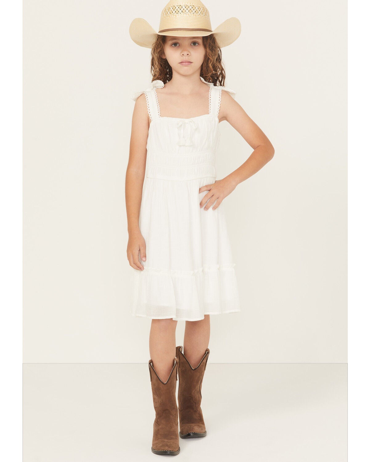 Ash & Violet Girls' Solid Bow Sleeve Dress, White, hi-res