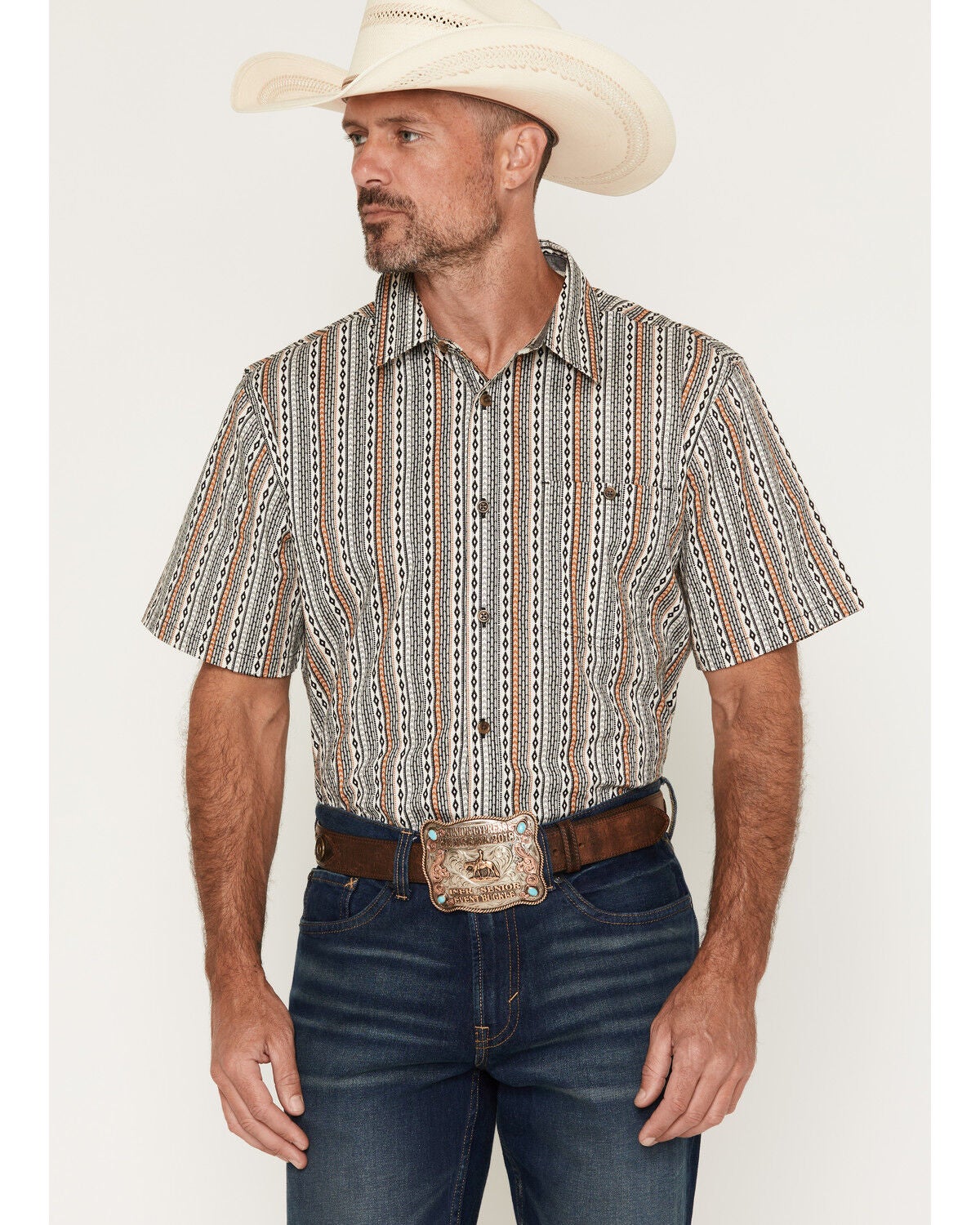 Image #1 - RANK 45&reg; Men's Dally Southwestern Striped Short Sleeve Button-Down Stretch Western Shirt, Black, hi-res