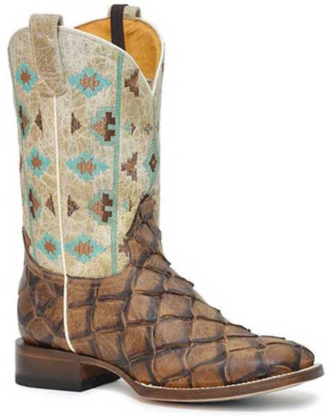 Roper Women's Big Fish Southwestern Pirarucu Print Western Boots - Broad Square Toe, Tan, hi-res