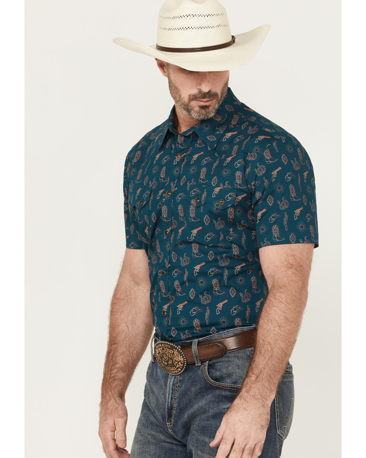 Image #2 - Rock & Roll Denim Men's Cowboy Print Short Sleeve Snap Stretch Western Shirt, Teal, hi-res
