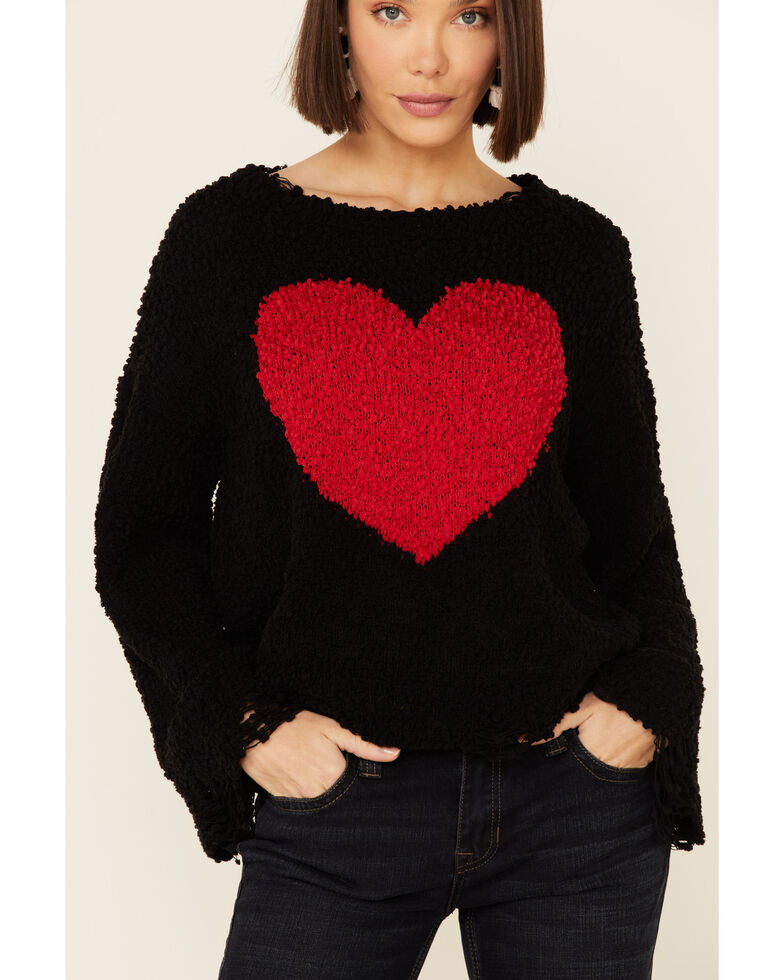 POL Women's Heart Popcorn Chenille Boxy Sweater, Black, hi-res
