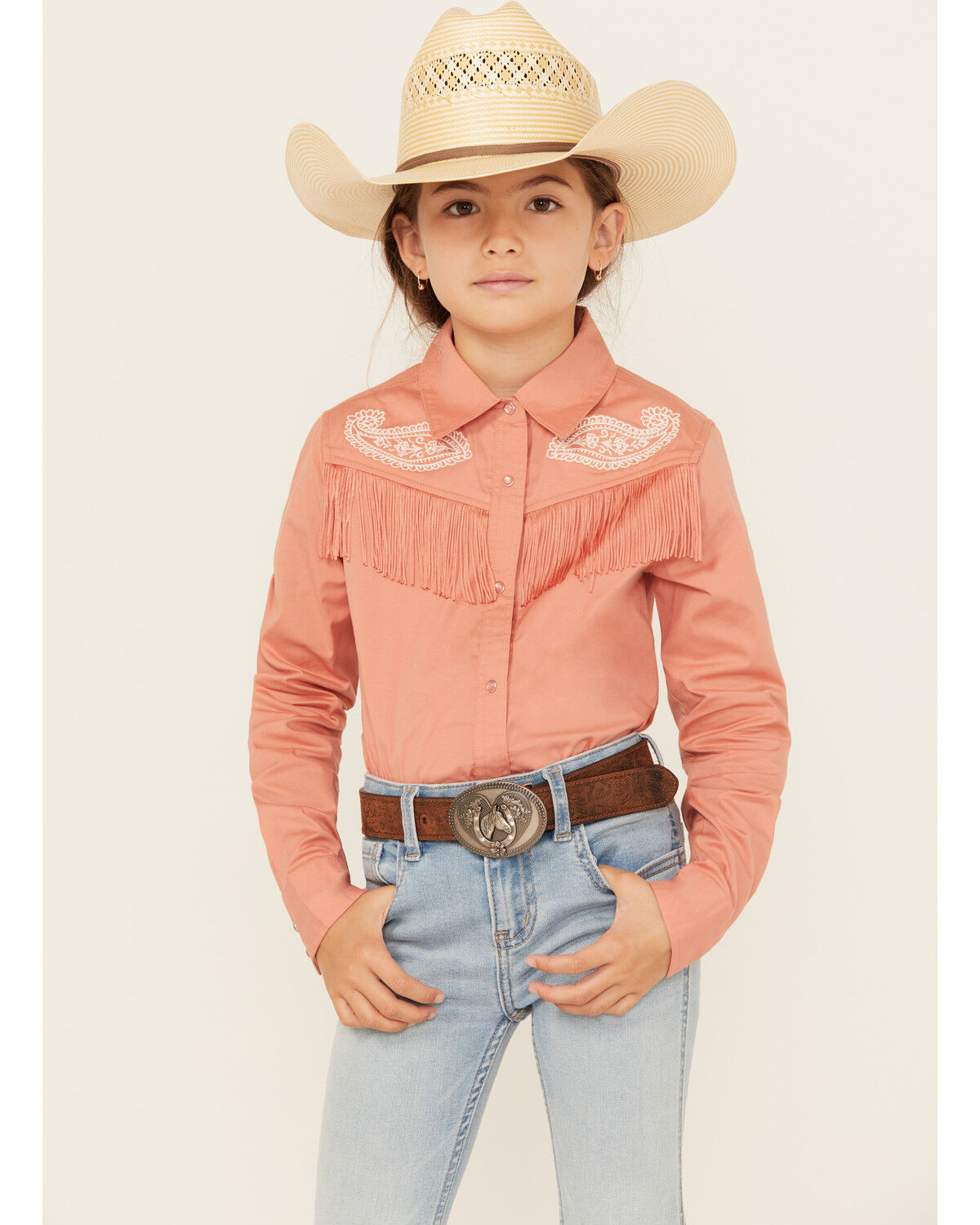 Image #1 - Shyanne Girls' Western Embroidered Fringe Long Sleeve Snap Stretch Western Shirt, Rose, hi-res