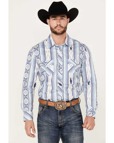 Image #1 - Rock & Roll Denim Men's Southwestern Print Striped Stretch Long Sleeve Snap Western Shirt, Blue, hi-res