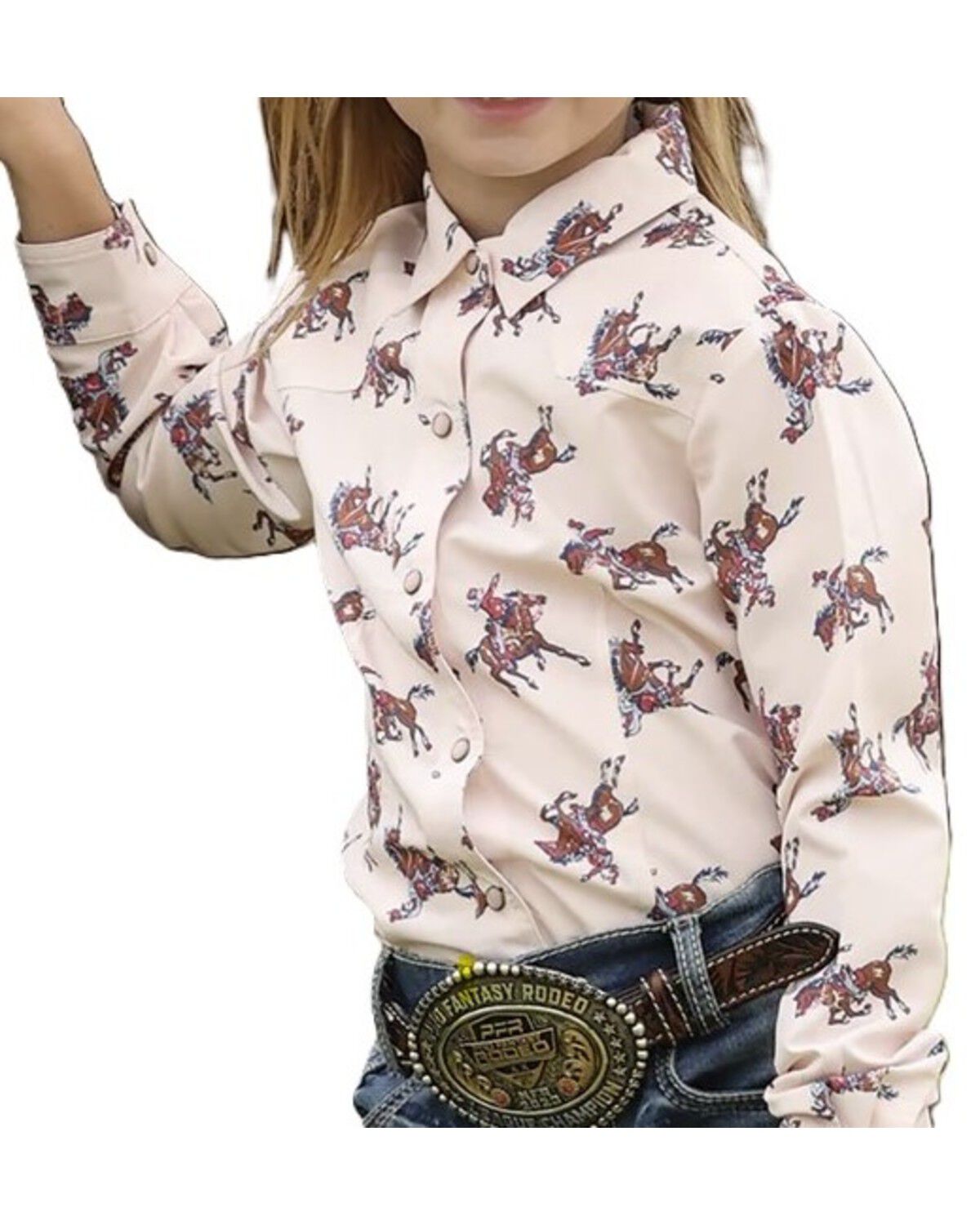 Image #1 - Cruel Girl Girls' Horse Print Long Sleeve Pearl Snap Western Shirt, Pink, hi-res