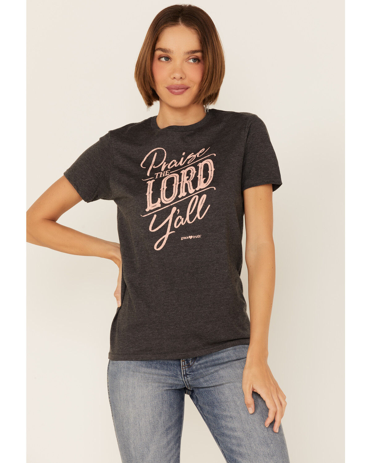 Image #1 - Grace & Truth Women's Charcoal Praise The Lord Ya'll Graphic Short Sleeve Tee, Charcoal, hi-res