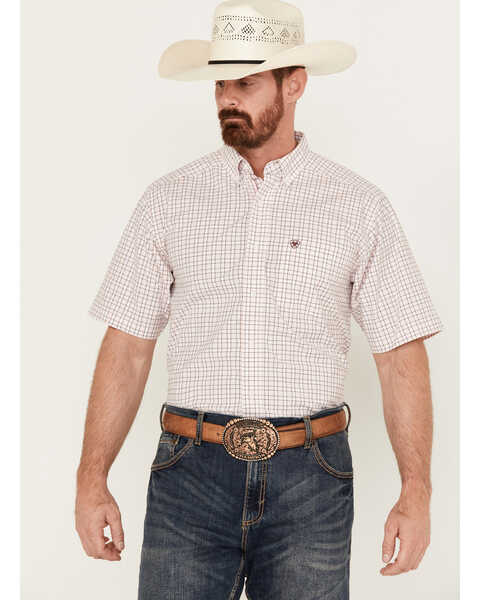 Ariat Men's Anson Plaid Print Classic Fit Short Sleeve Button-Down Western Shirt - Tall, Light Pink, hi-res