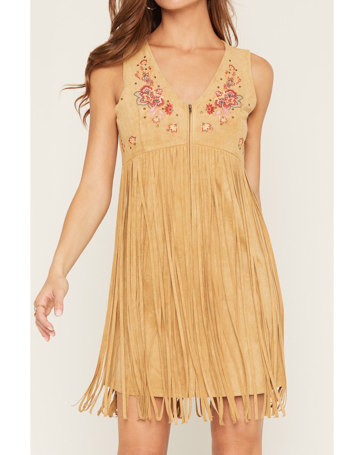 Image #3 - Shyanne Women's Embroidered Faux Suede Fringe Mini Dress, Wheat, hi-res