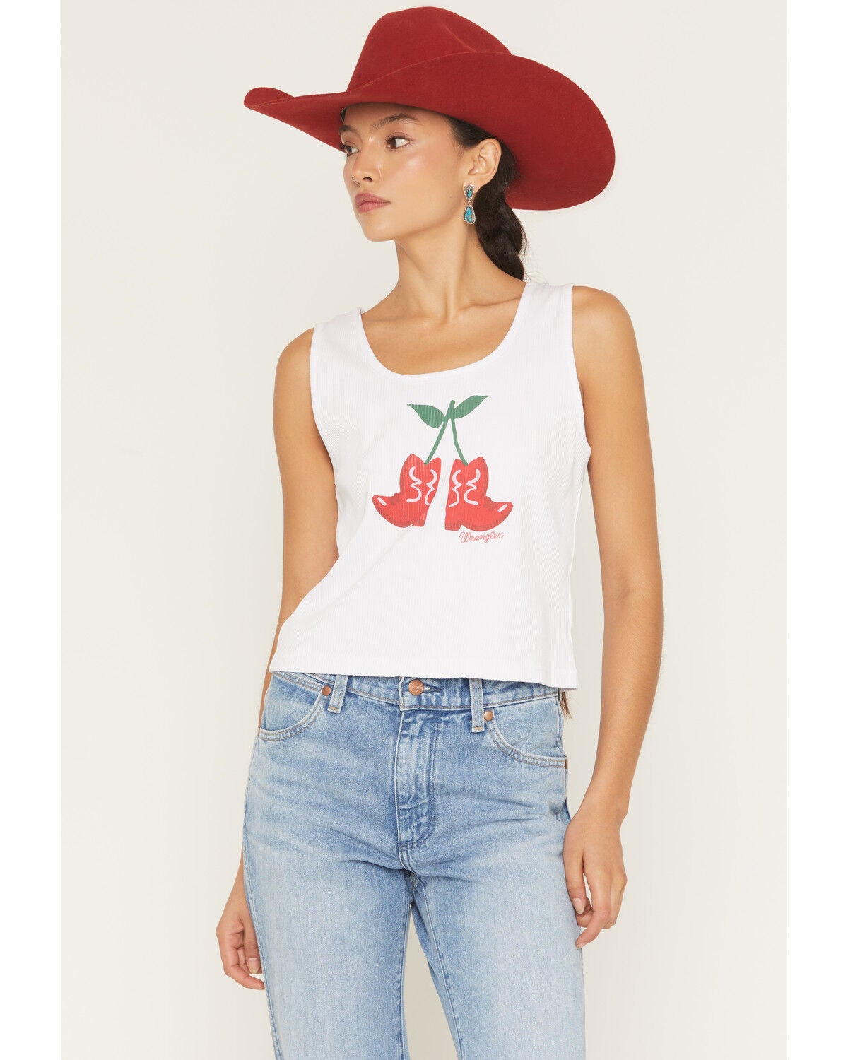 Image #1 - Wrangler Retro Women's Cherry Boot Graphic Tank, White, hi-res