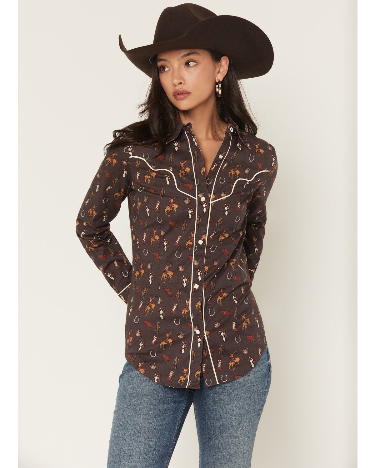 Rock & Roll Denim Women's Western Conversation Print Long Sleeve Snap Western Shirt, Brown, hi-res