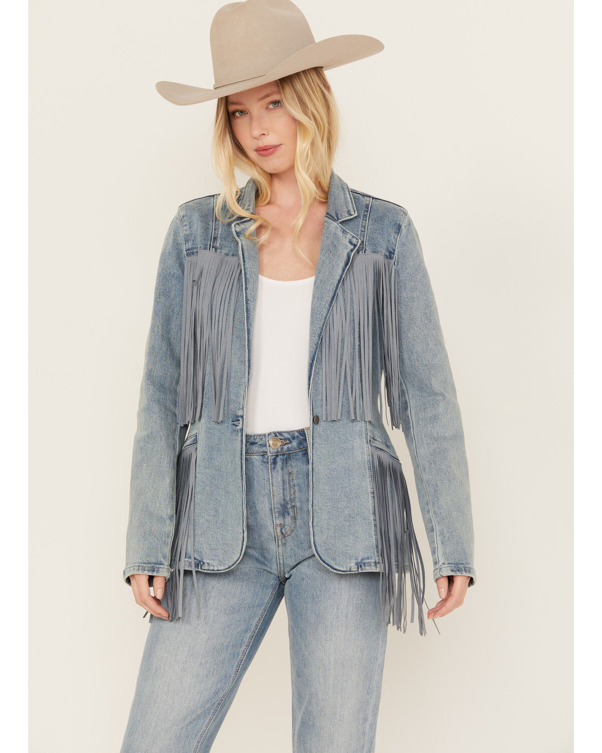 Image #1 - Rock & Roll Denim Women's Light Wash Denim Stretch Fringe Blazer, Light Wash, hi-res