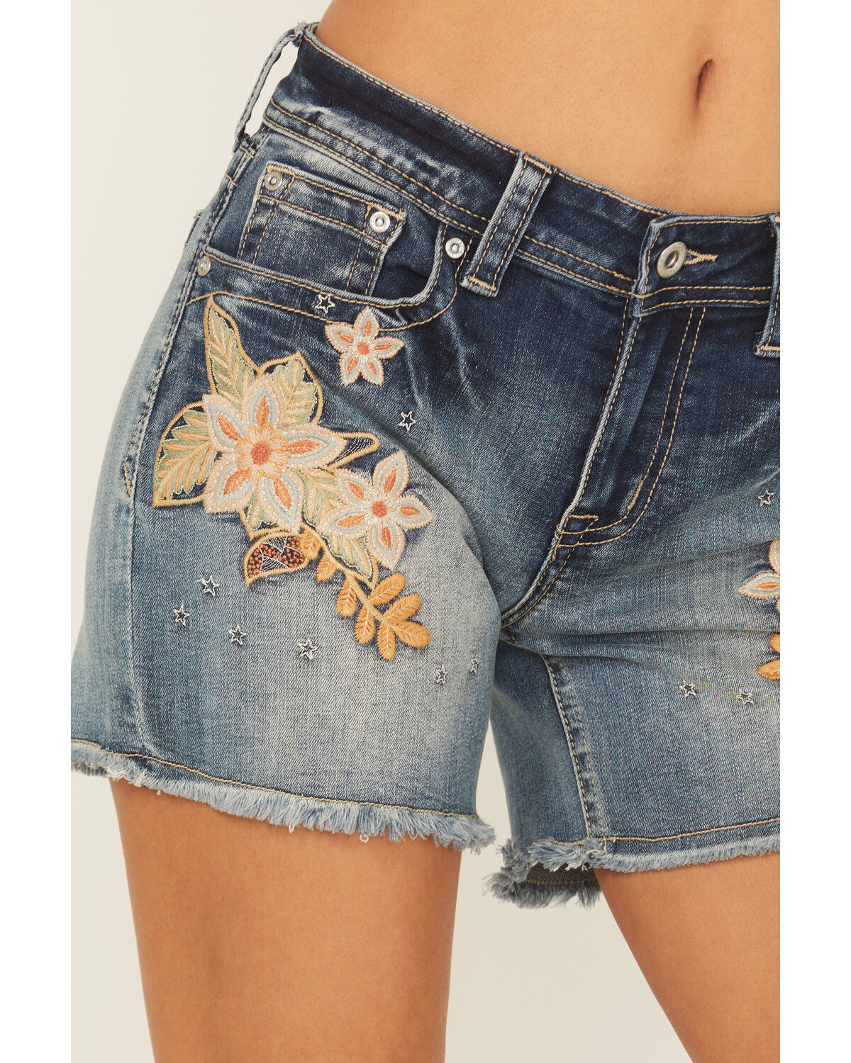 Image #2 - Grace In LA Women's Light Wash Mid Rise Floral Embroidered Cutoff Stretch Denim Short's, Light Wash, hi-res