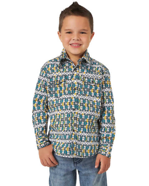 Image #1 - Wrangler 20X Boys' Advanced Comfort Southwestern Print Long Sleeve Western Shirt , Teal, hi-res