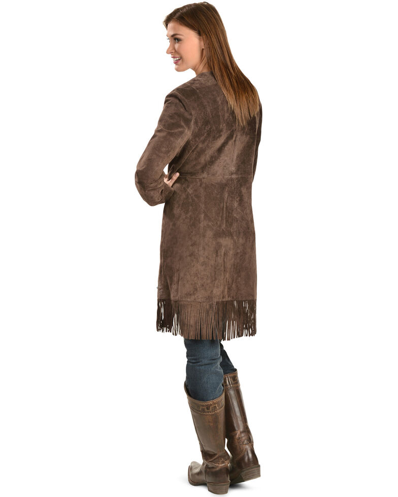 Scully Embroidered Fringe Long Suede Leather Jacket, Brown, hi-res