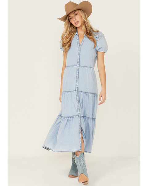 Revel Women's Short Sleeve Tier Midi Dress, Blue, hi-res
