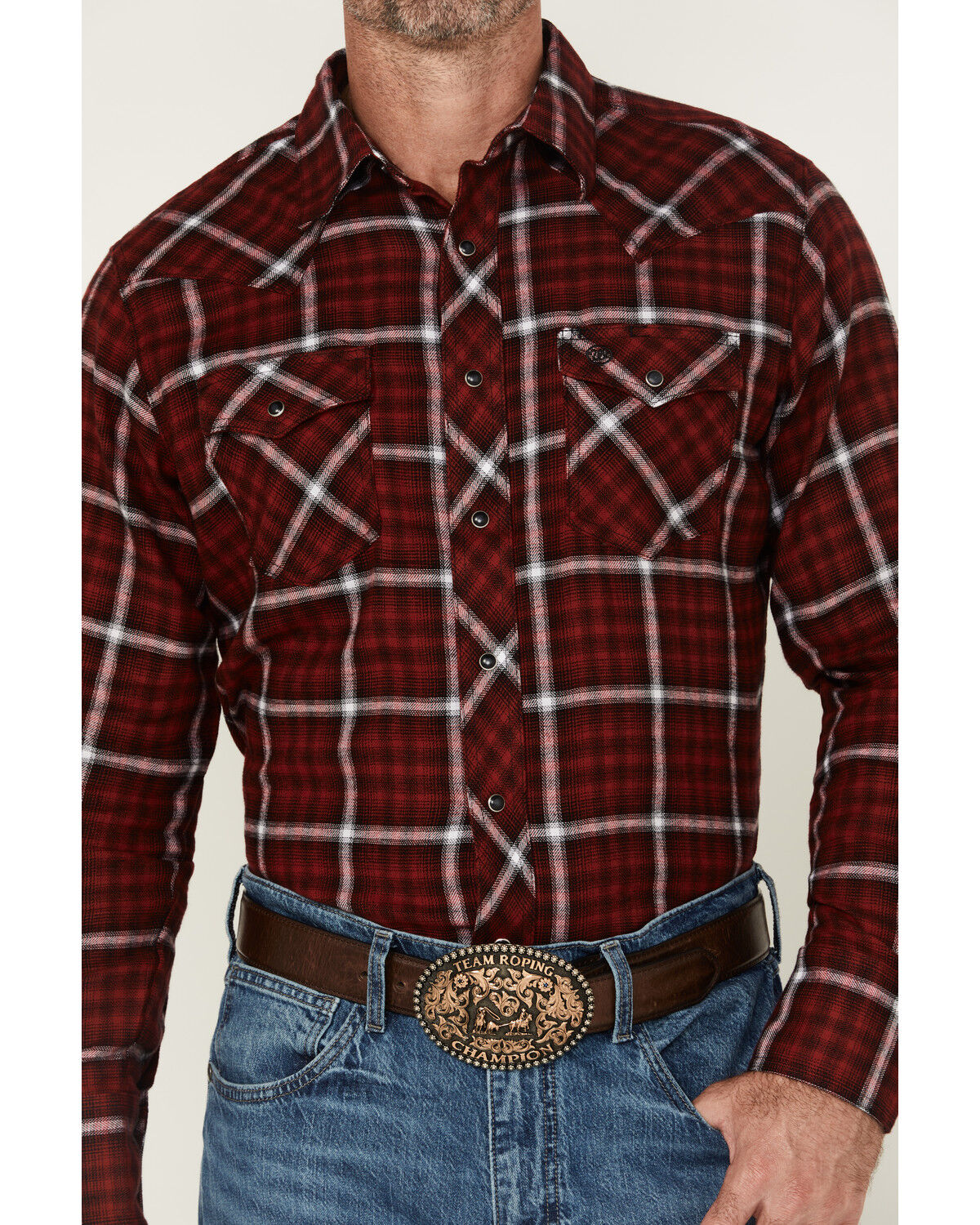 Image #3 - Wrangler Retro Men's Plaid Print Long Sleeve Snap Flannel Shirt, Red, hi-res