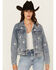 Image #1 - Veveret Women's Medium Wash Daisy Embroidered Denim Jacket, Medium Wash, hi-res