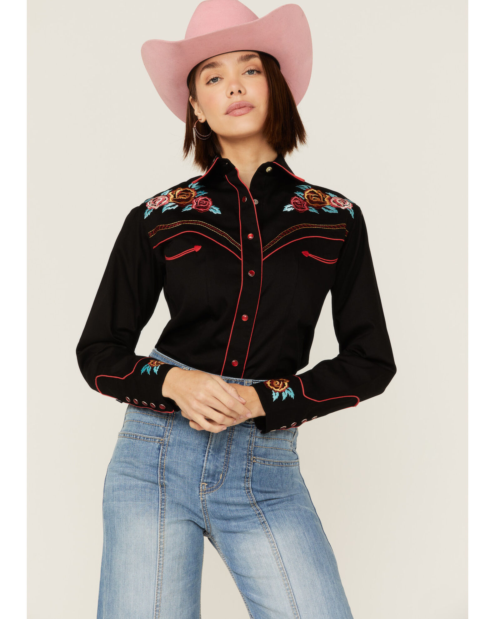 Rockmount Ranchwear Women's Vintage Rose Bouquet Embroidered Pearl Snap Western  Shirt - Country Outfitter