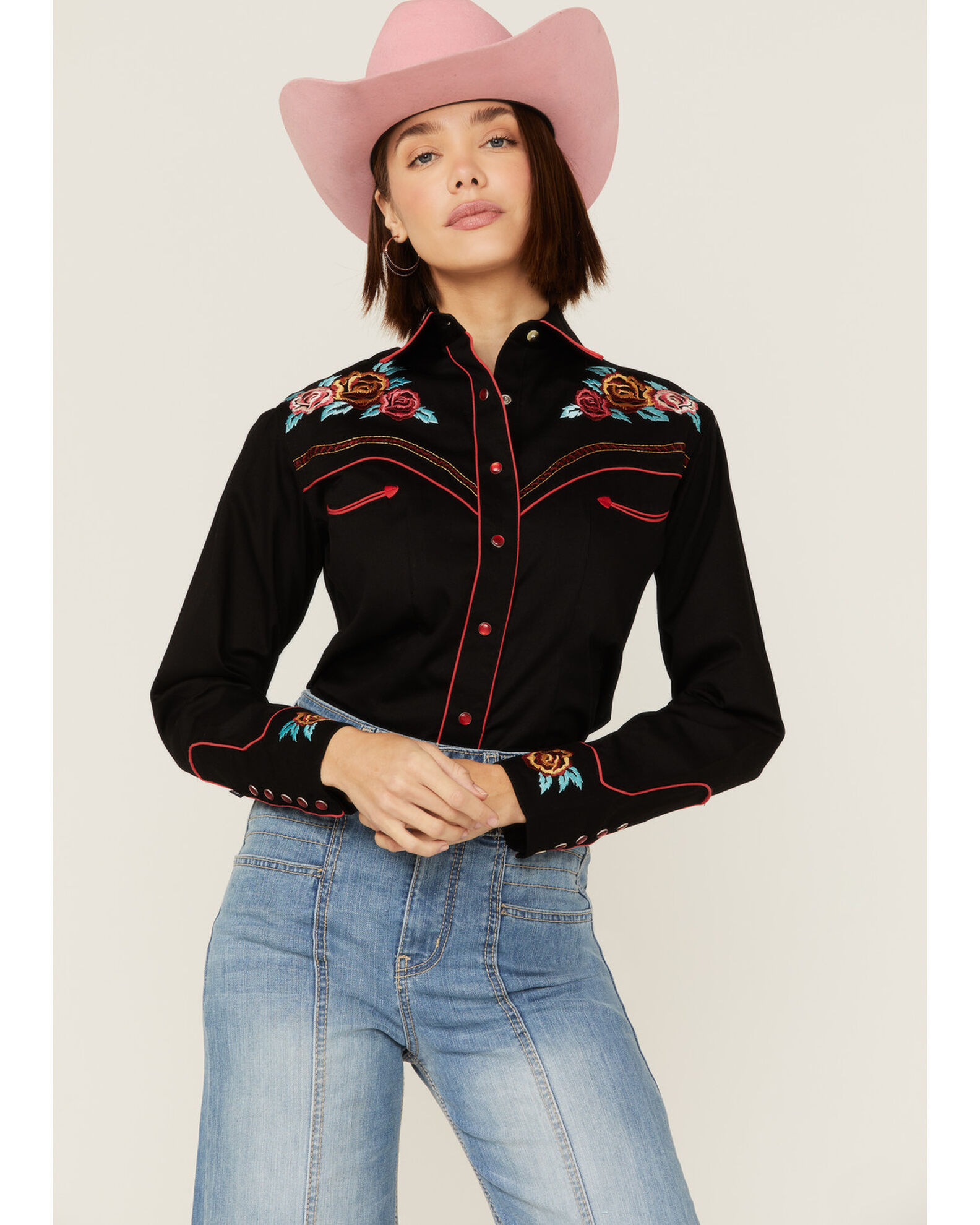Rockmount Ranchwear Women s Vintage Rose Bouquet Embroidered Pearl Snap Western Shirt