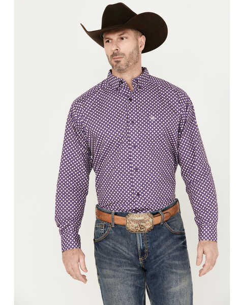 Image #1 - Ariat Men's Misael Geo Floral Long Sleeve Button Down Western Shirt - Tall, Purple, hi-res