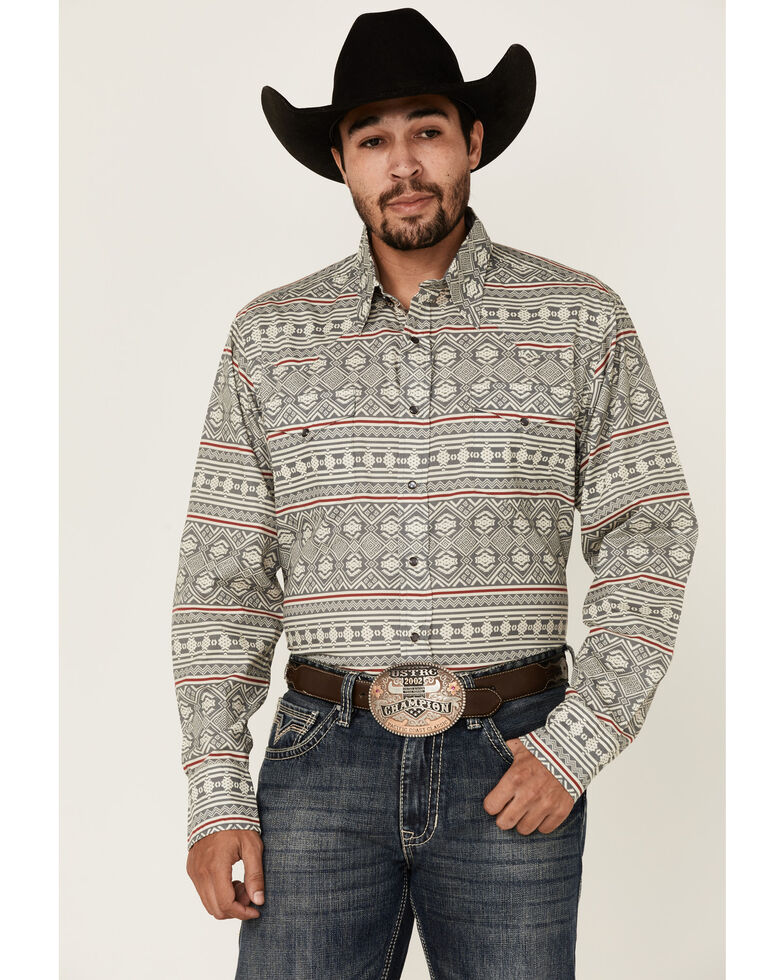 Roper Men's Southwestern Textured Geo Print Long Sleeve Snap Western Shirt , Grey, hi-res