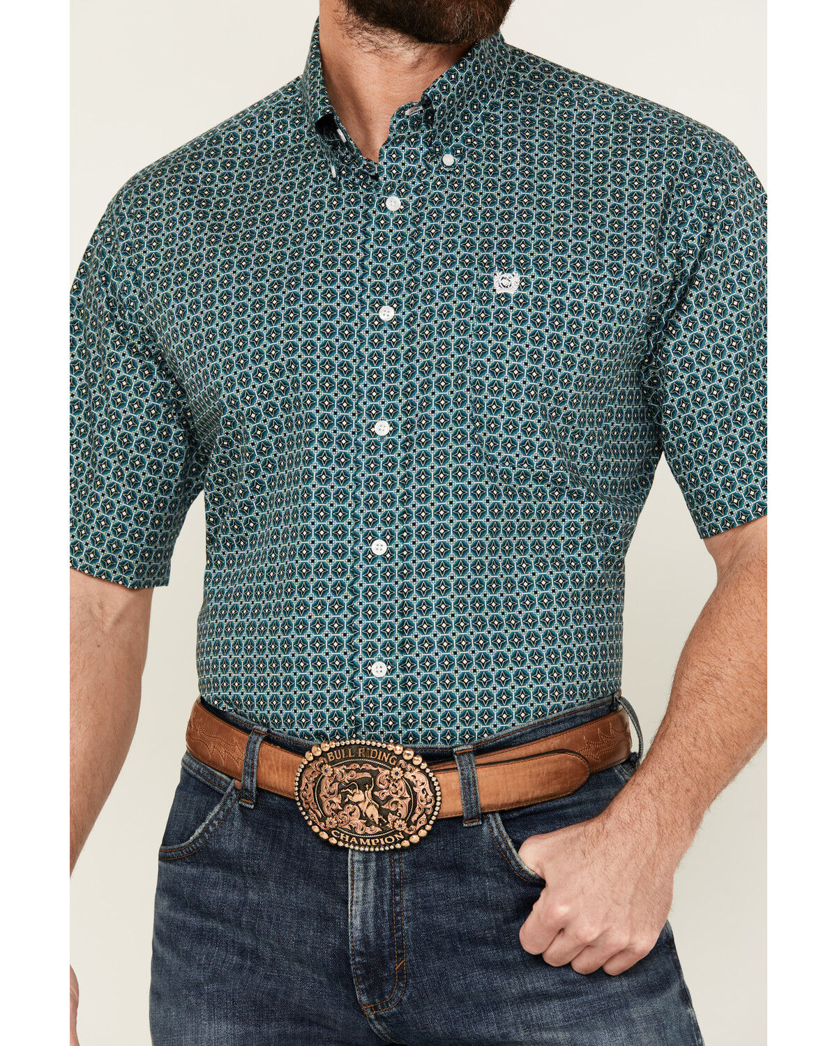 Image #3 - Cinch Men's Geo Print Short Sleeve Button-Down Western Shirt, Teal, hi-res