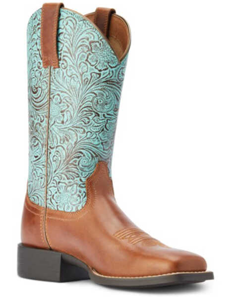 Ariat Women's Round Up Embossed Floral Print Performance Western Boots - Wide Square Toe , Brown, hi-res
