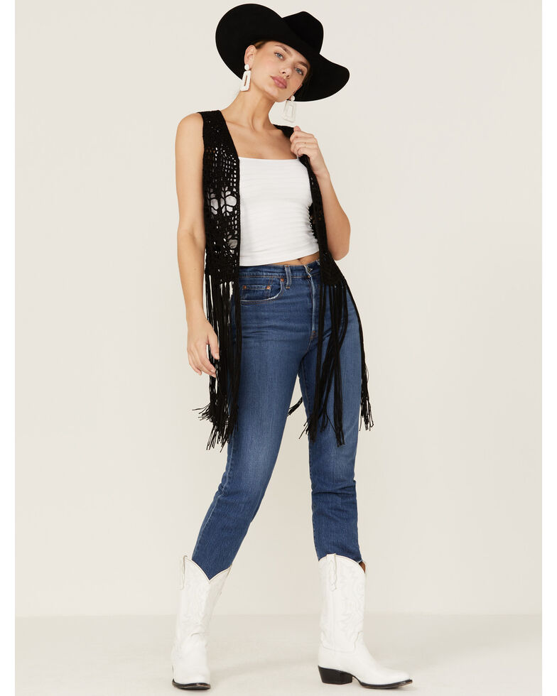 Rock & Roll Cowgirl Women's Black Crochet Long Fringe Vest Country Outfitter